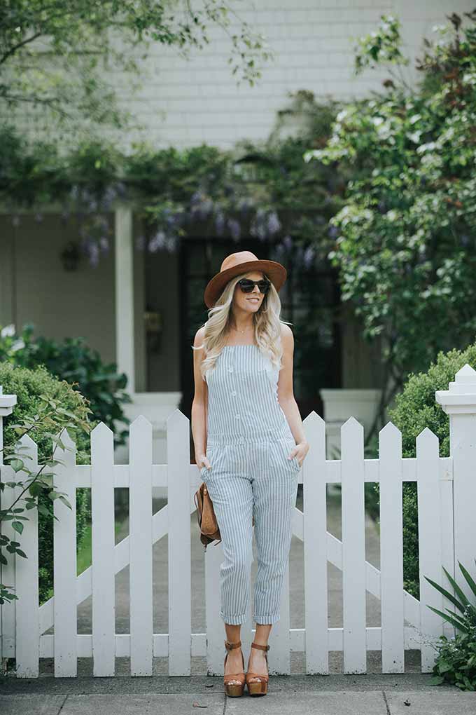 linen overalls with white tank and hat