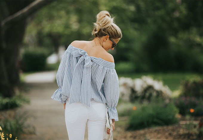 white striped off the shoulder top