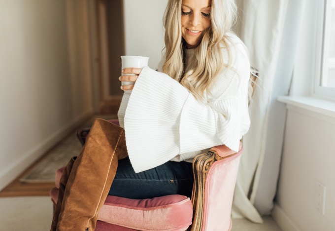 endless rose ruffle sweater drinking coffee